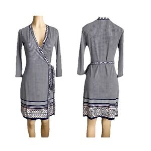 Max Studio Wrap‎ Dress Woman L Geometric Print 3/4 Sleeve Navy Stretch